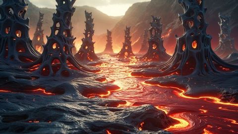Molten lava flow in alien volcanic terrain with eerie rock spires