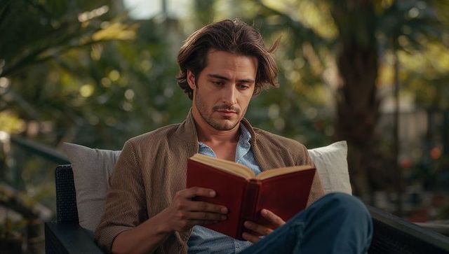 Man reading on garden patio wearing brown jacket holding red hardback book, relaxing