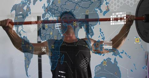 Athlete lifting barbell with futuristic global HUD overlay for training analytics