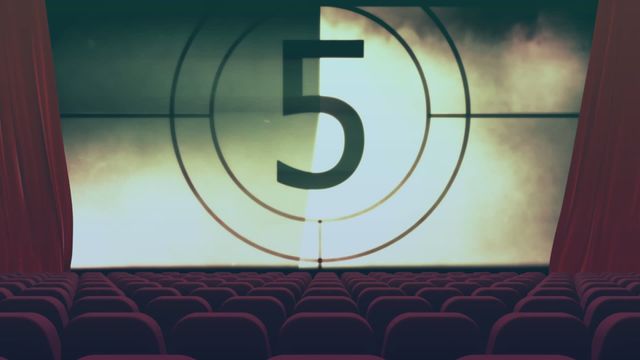 Animation showcases a classic movie countdown projected onto a screen in an empty cinema theater with rows of red chairs and curtains. Ideal for use in articles or presentations related to film history, retro movies, cinematic experiences, or entertainment technology.