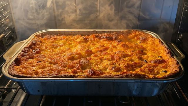 Bubbling golden casserole roasting in stainless rectangular pan with rising steam
