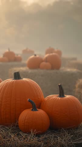 Vertical harvest video showing three pumpkins on straw in misty pumpkin patch at dawn