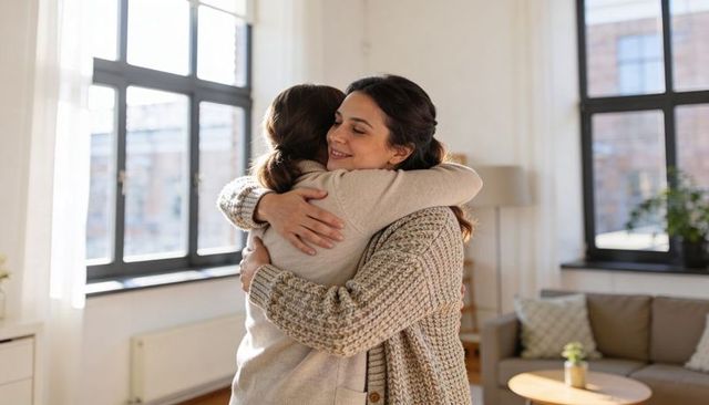 Two women embracing in cozy sunlit apartment living room wearing knit cardigans
