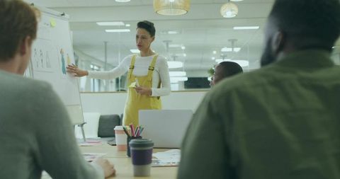 Businesswoman Leading Presentation on Flipchart in Modern Office