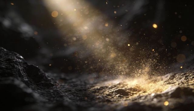 Glinting Cavern Rock Catching Diagonal Golden Light with Floating Dust and Bokeh
