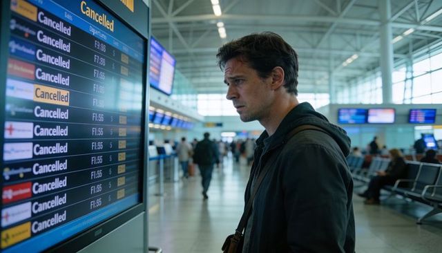 Concerned traveler checking cancelled departures board at busy modern airport terminal