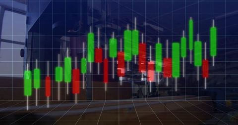 3D Candlestick Chart Overlay on Industrial Factory Floor
