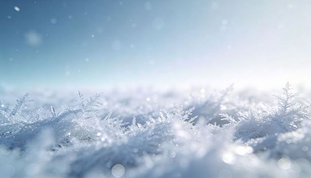 Glittering ice crystals catching pale backlight on snow surface, winter macro bokeh