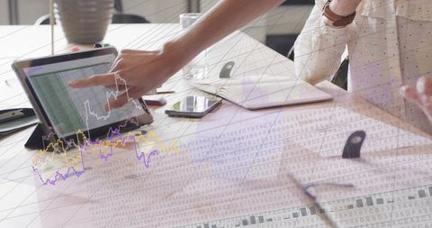 Financial data collaboration on tablet with analytics charts, review and teamwork