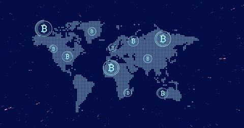 Global Bitcoin Transactions Over Digital World Map