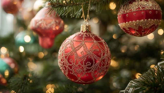 Hanging ornate red christmas bauble with gold glitter and warm bokeh on pine branches