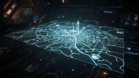 Glowing holographic city map displayed in futuristic control room