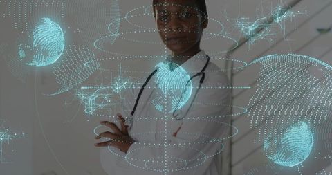 Standing physician wearing stethoscope projecting teal holographic global health network