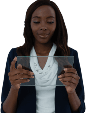 Businesswoman engaging with transparent virtual interface screen