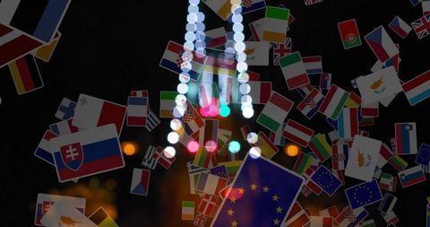 Floating european flags mosaic overlapping with glowing bokeh and vertical led streaks