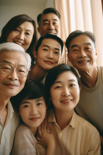 Portrait of happy asian family embracing at home, created using generative ai technology. Family picture, love, digitally generated image.