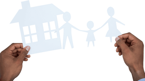 Hands holding family and home paper cutout on transparent background