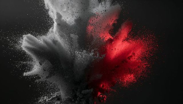 Dynamic grey and red powder explosion on black background