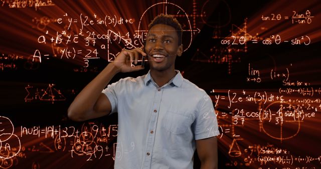 Young man talking on phone with a background full of complex mathematical equations. This concept highlights intelligence, innovation, and problem-solving. Ideal for use in education, technology, mathematics, and science-related content, as well as content discussing breakthroughs or discussions about solving complex problems.