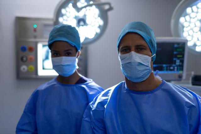 Two surgeons wearing blue scrubs, masks, and surgical caps standing together in an operation theater. Medical equipment and monitors are visible in the background. Ideal for use in healthcare, medical, and hospital-related content, emphasizing teamwork, professionalism, and the sterile environment of surgical procedures.