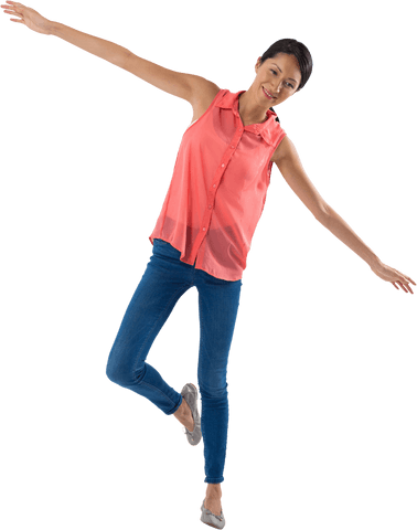 Happy Woman in Transparent Red Top with Arms Outstretched