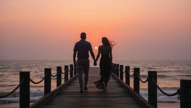 Couple walking hand in hand on wooden pier at sunset, silhouetted against ocean horizon