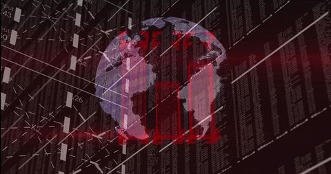 Spinning Pixelated Globe Showing Americas with Red Padlock on Code Columns Cybersecurity