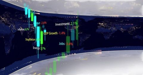 Global nighttime market projection with holographic candlestick charts and economic metrics