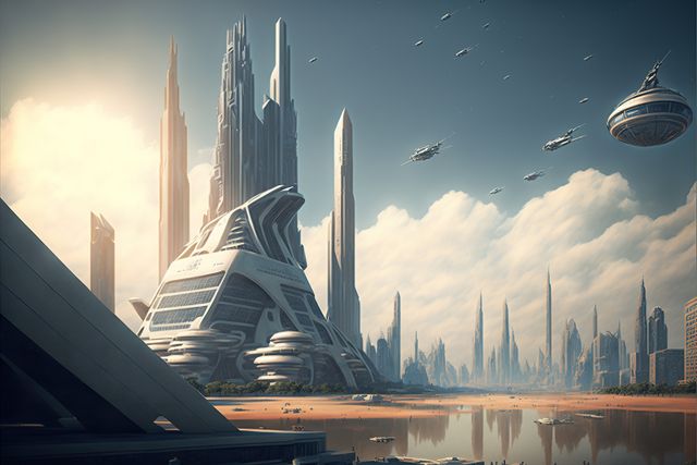 Image of futuristic cityscape with space ships, created using generative ai technology. City and futuristic concept, digitally generated image.