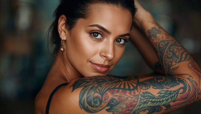 Glamorous tattoo sleeve portrait showing confident woman with intricate colorful arm ink
