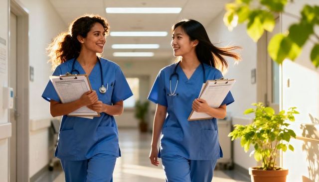 Two nurses walking and chatting in sunlit hospital corridor holding clipboards