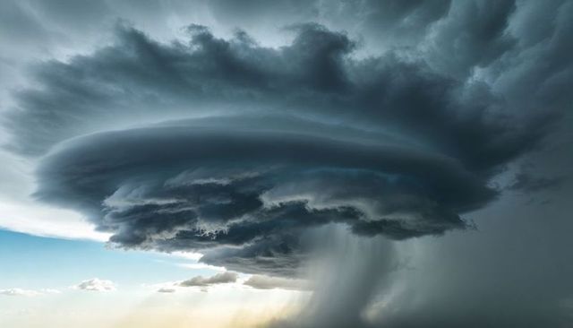 Rotating Supercell Cloud Forming Over Open Plain Releasing Dramatic Rain Shaft Severe Thunderstorm