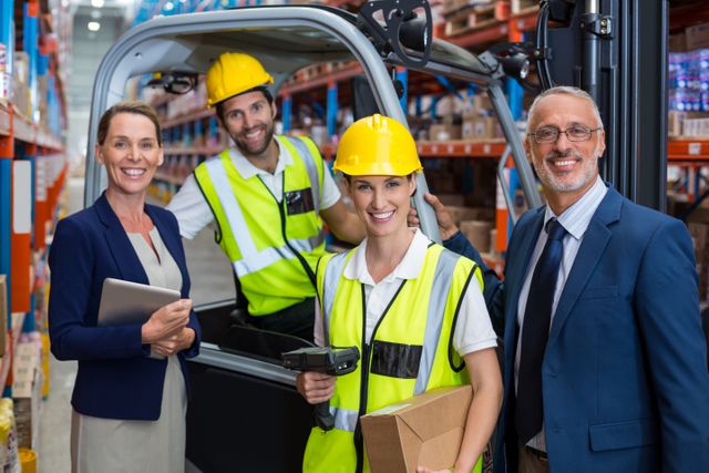 Warehouse manager and client standing with co-workers in a warehouse. Workers wearing safety vests and hard hats, holding a package and a clipboard. Ideal for illustrating teamwork, logistics, inventory management, and professional collaboration in industrial settings.