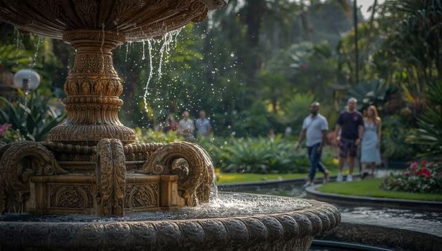 Ornate stone fountain sprays water in lush botanical garden