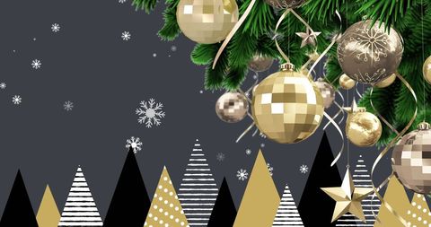 Festive Christmas Tree with Gold Baubles on Dark Background
