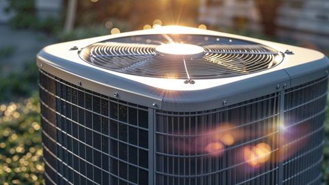 Outdoor hvac condenser unit glowing in sunlight with lens flare