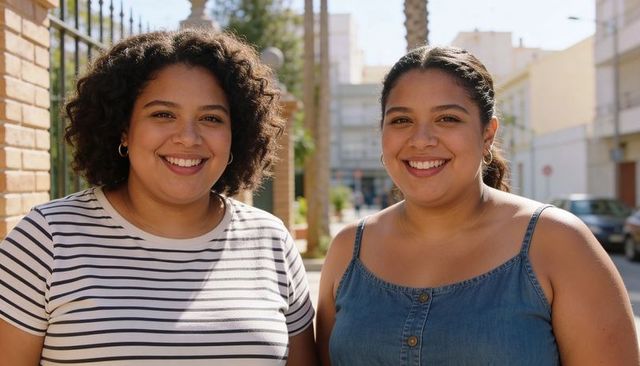 Smiling hispanic friends posing on sunlit urban street wearing denim and striped tops