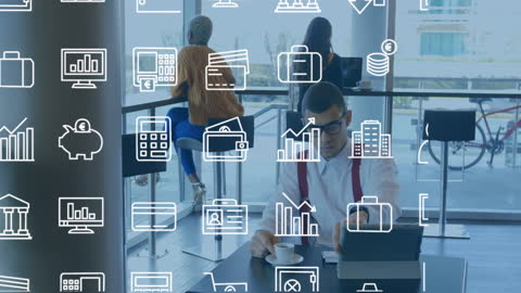 Business Icons Overlay Diverse Professionals Using Technology