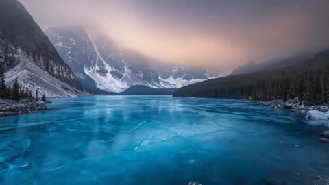 Low Clouds Brightening Over Frozen Teal Lake Reflecting Snowy Peaks and Pine Forest