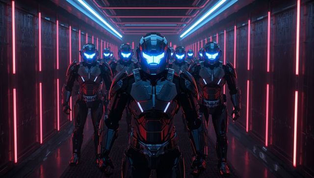 Futuristic Armored Soldiers Advancing in Neon-Lit Corridor