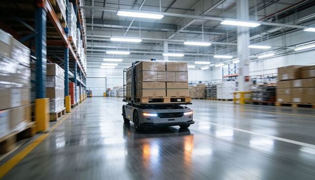 Autonomous guided vehicle transporting palletized boxes in high-speed warehouse logistics