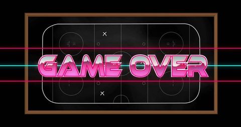 Retro neon game over sign over hockey rink chalkboard design for sports posters and arcade