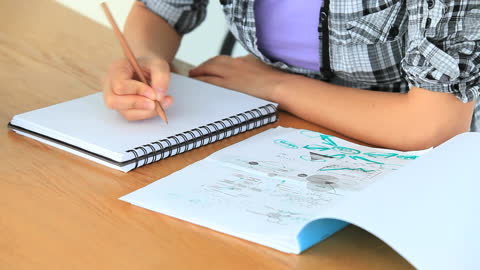 Student Studying with Notebooks in Classroom Environment