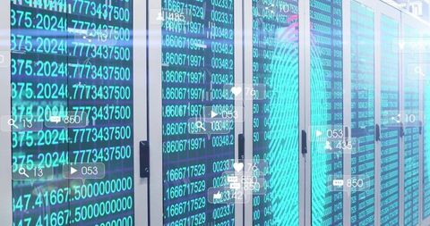 Futuristic Data Center With Digital Fingerprint Overlay and Social Icons