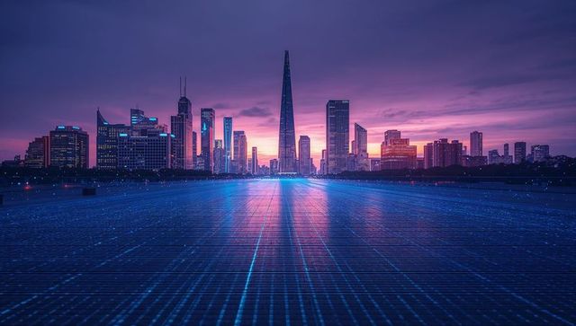 Futuristic Digital Grid Leading to Modern City Skyline at Sunset