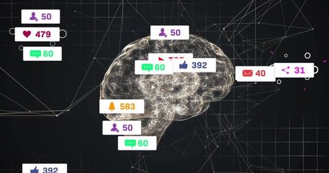 Glowing wireframe brain showing social media alerts and message badges for neural network