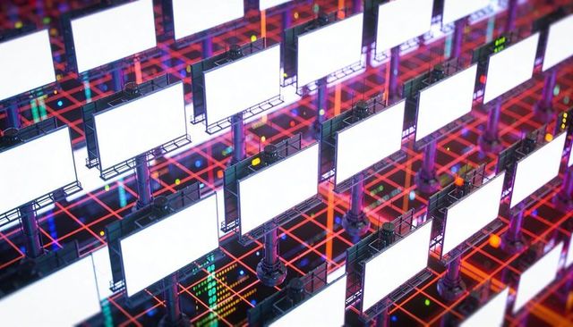 Matrix of Blank Digital Billboards on Neon Grid Representing Networked Display Systems