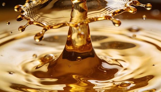 Golden liquid crown droplet macro shimmering amber viscous fluid motion