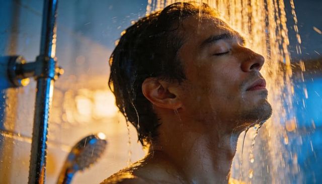 Adult man enjoying warm rain shower under overhead showerhead with golden backlit water