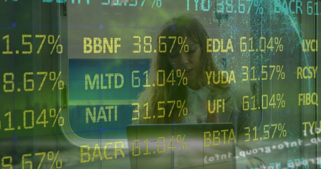 Woman Working on Laptop with Stock Market Ticker Overlay - Download Free Stock Images Pikwizard.com